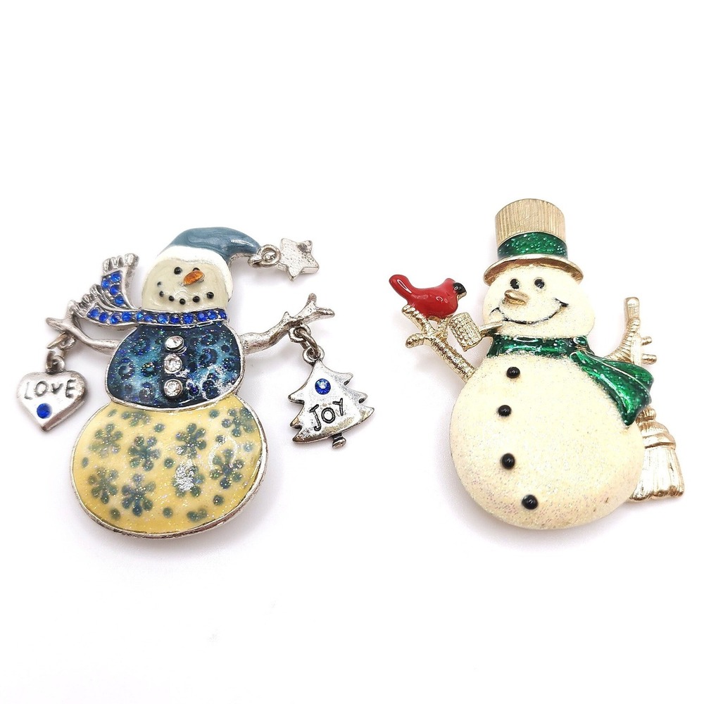Christmas Snowman Brooch Set 2pc Silver Gold Tone Enamel Rhinestone Holiday Pins
